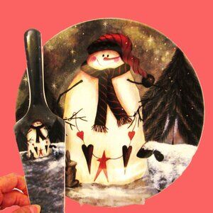 Decorated Christmas Snowman, rabbits and sheep cake plate/pie with cake serv
